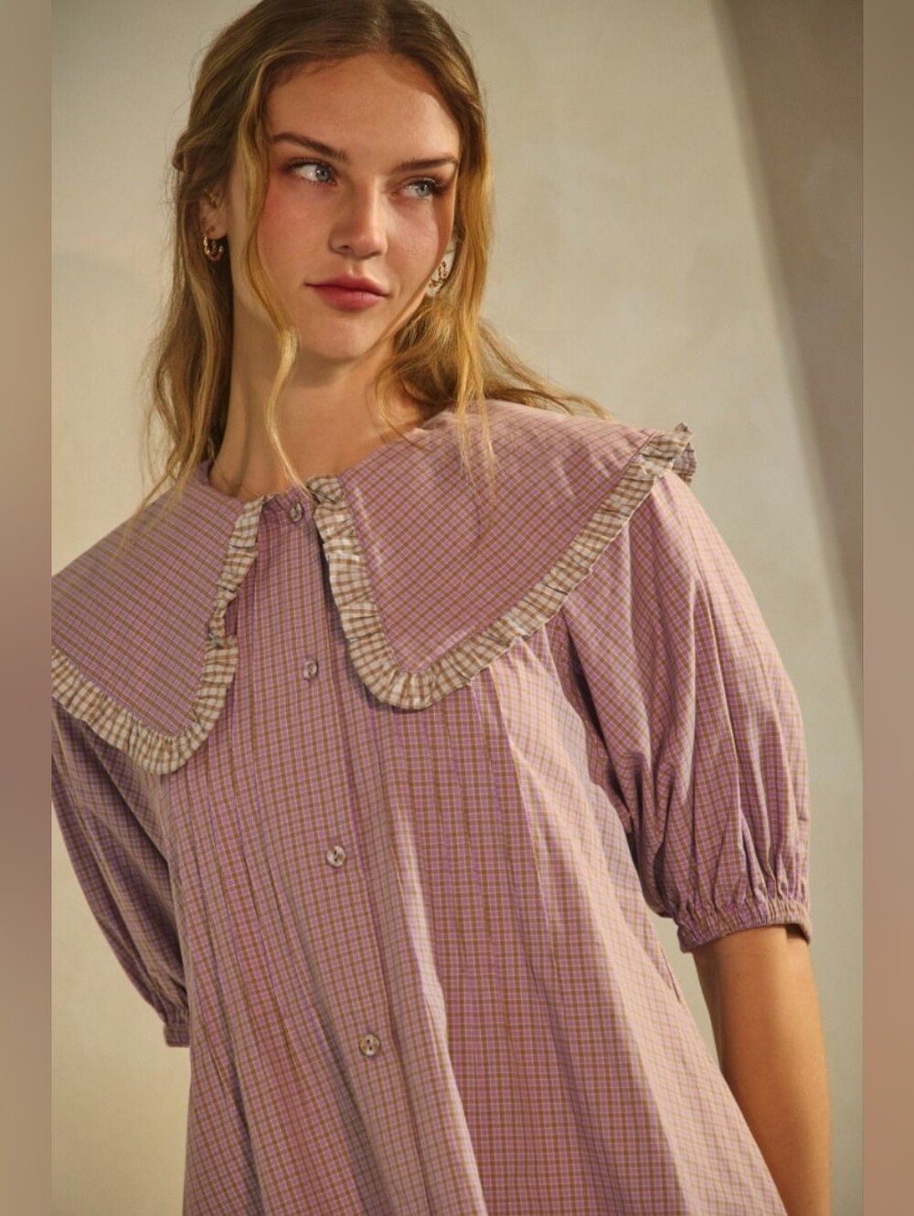 Retro Mod Lavender Checked Button-Front Mini Dress with Ruffled Collar - Picture 5 of 7